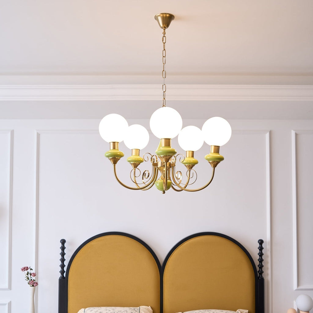 Luxurious Chandelier With Green Glass Shades In Gold Or Black Finish, 3, 5, Or 8 Lights
