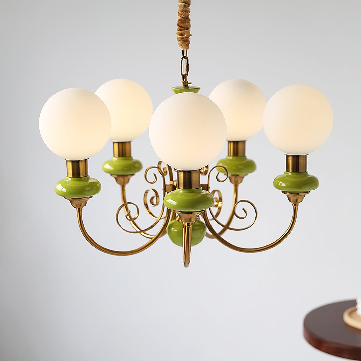 Luxurious Chandelier With Green Glass Shades In Gold Or Black Finish, 3, 5, Or 8 Lights