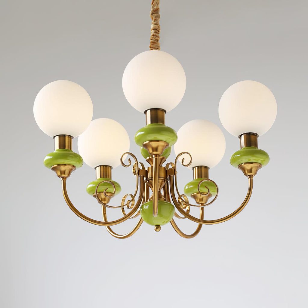 Luxurious Chandelier With Green Glass Shades In Gold Or Black Finish, 3, 5, Or 8 Lights