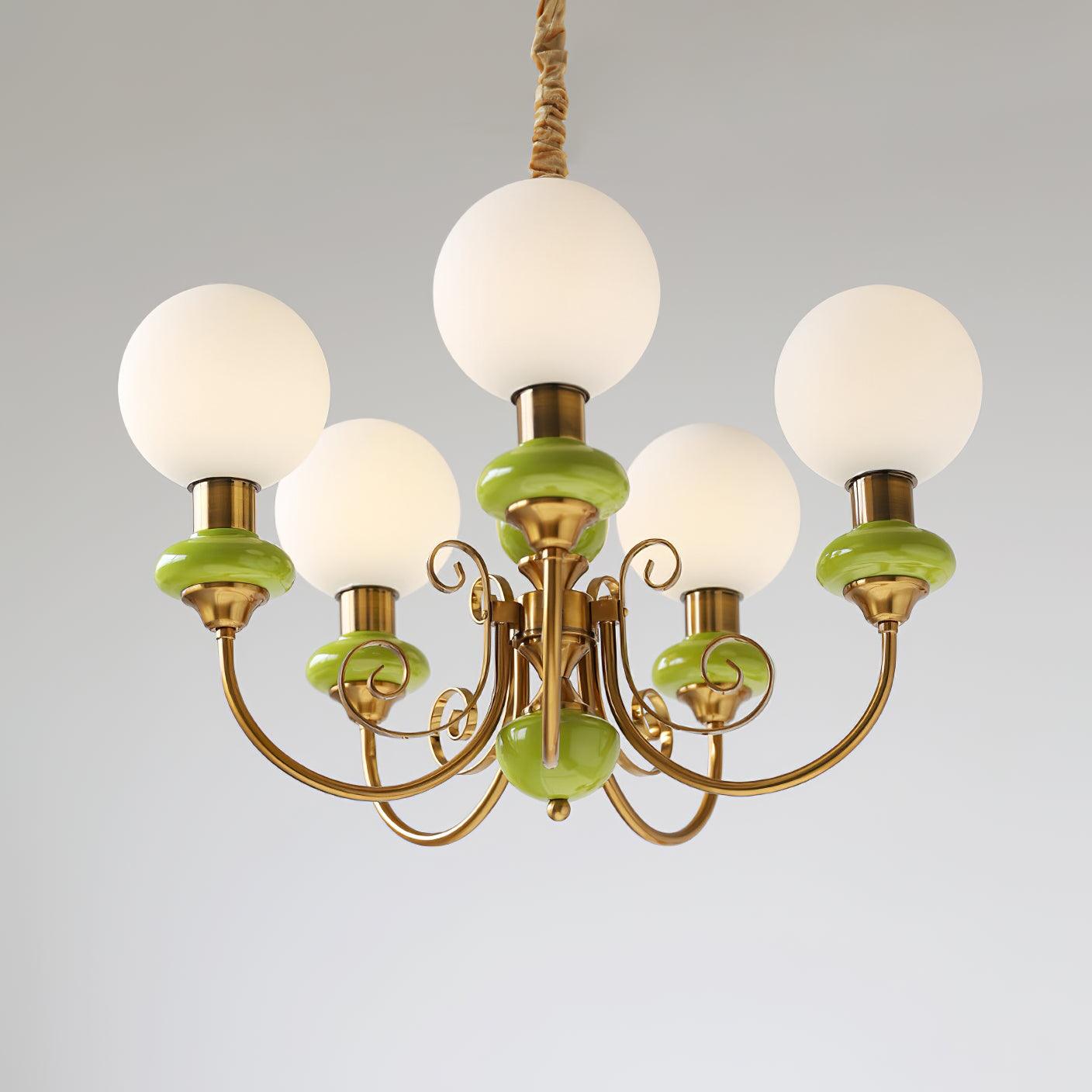 Luxurious Chandelier With Green Glass Shades In Gold Or Black Finish, 3, 5, Or 8 Lights