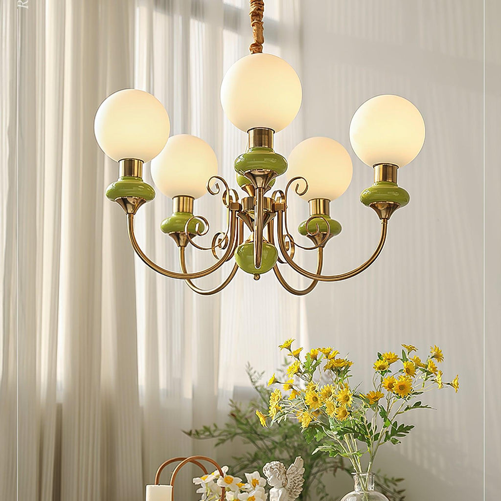 Luxurious Chandelier With Green Glass Shades In Gold Or Black Finish, 3, 5, Or 8 Lights