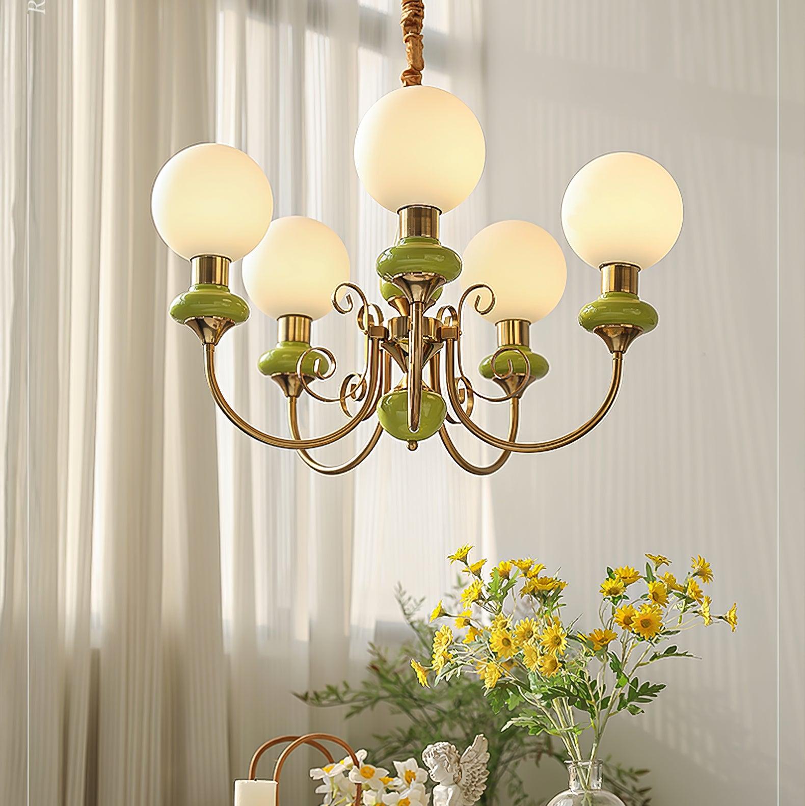 Luxurious Chandelier With Green Glass Shades In Gold Or Black Finish, 3, 5, Or 8 Lights