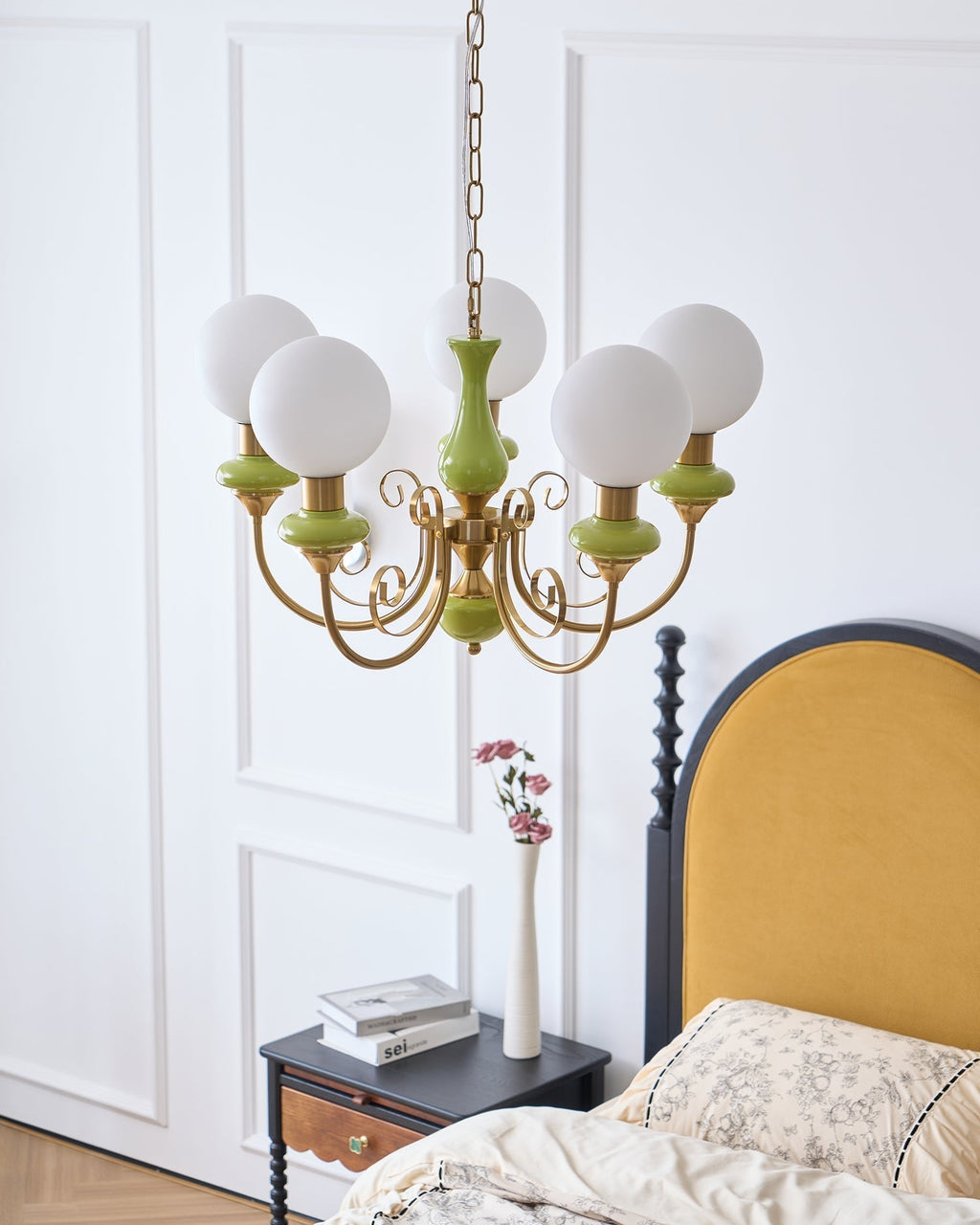 Luxurious Chandelier With Green Glass Shades In Gold Or Black Finish, 3, 5, Or 8 Lights