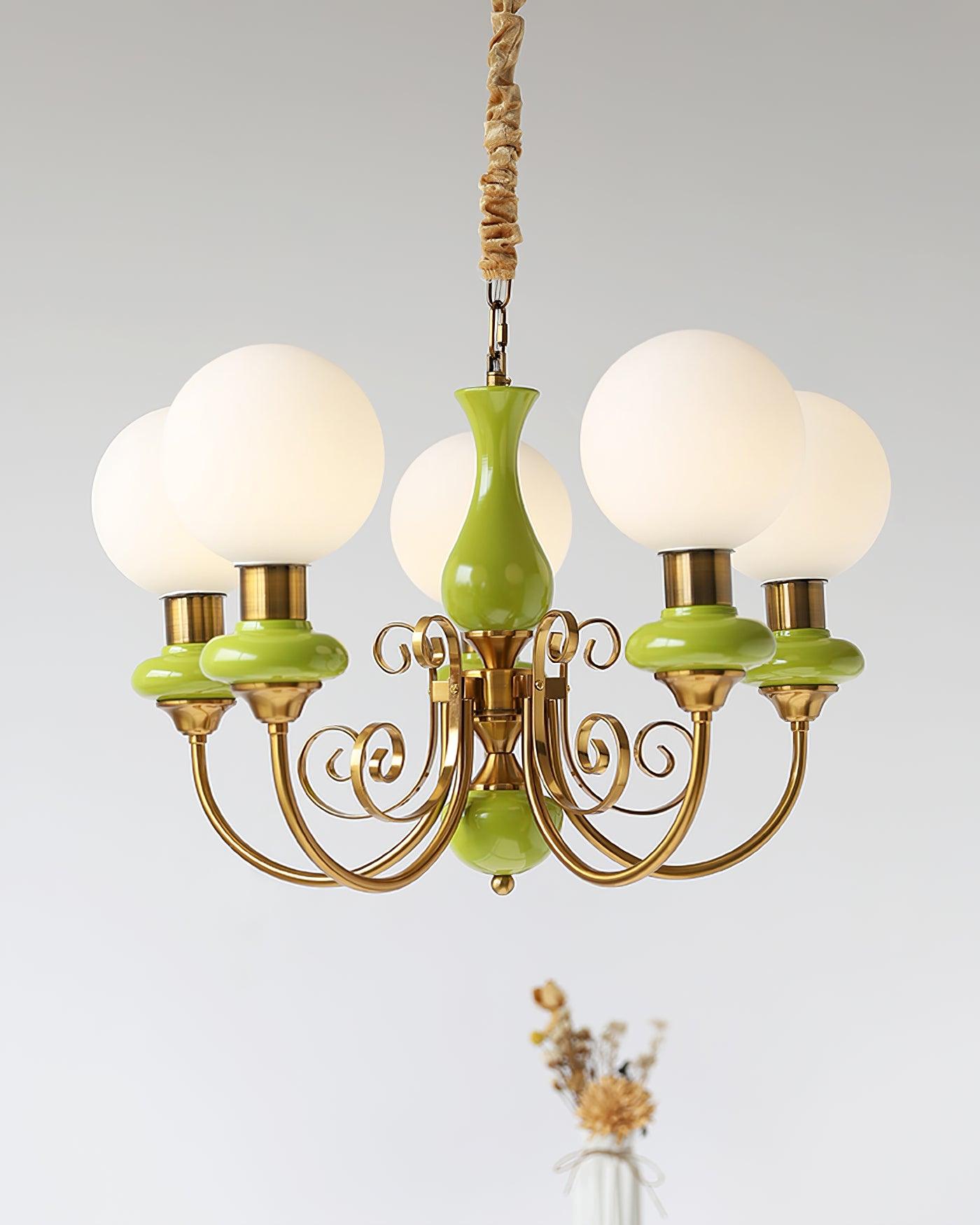 Luxurious Chandelier With Green Glass Shades In Gold Or Black Finish, 3, 5, Or 8 Lights