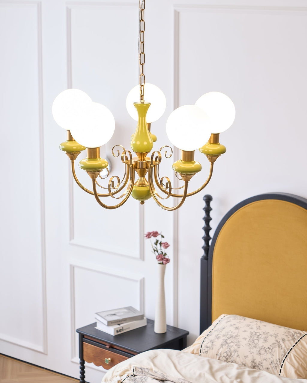 Luxurious Chandelier With Green Glass Shades In Gold Or Black Finish, 3, 5, Or 8 Lights