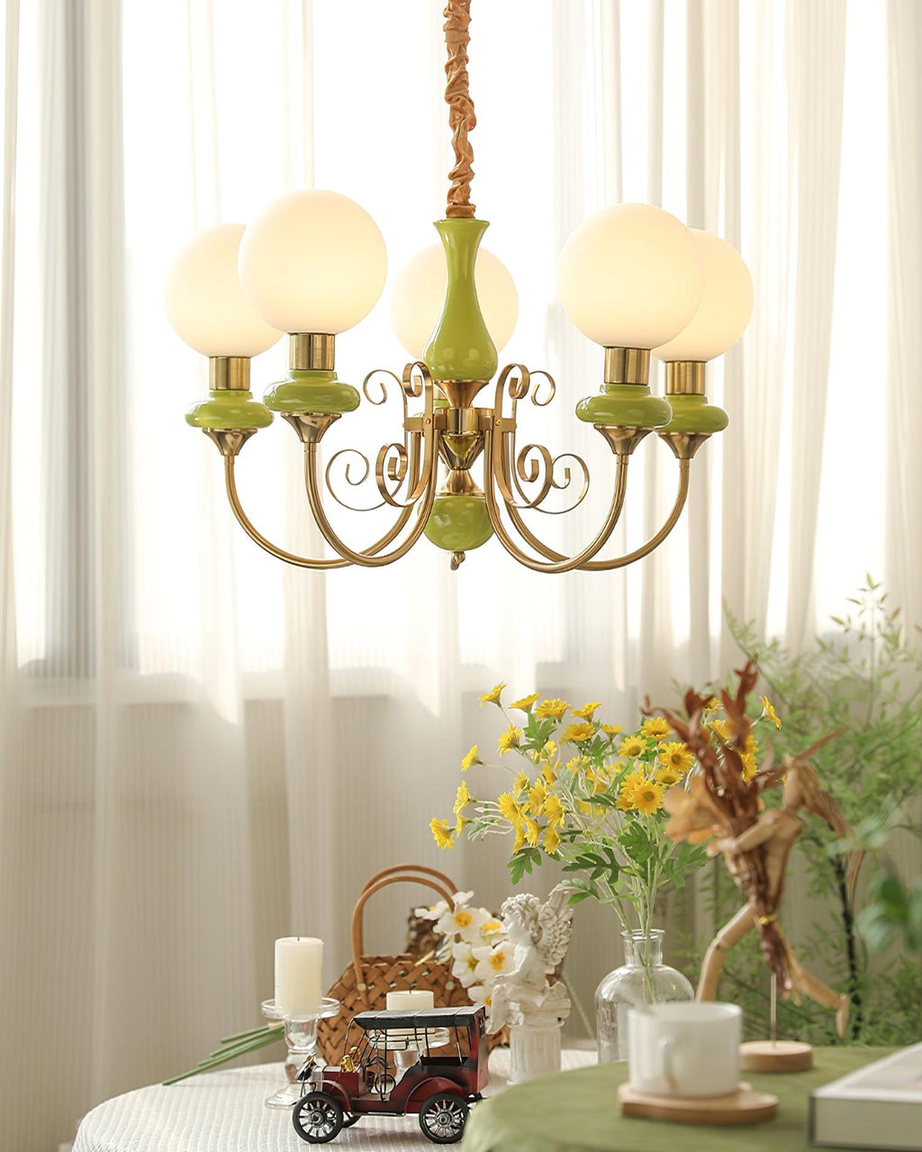 Luxurious Chandelier With Green Glass Shades In Gold Or Black Finish, 3, 5, Or 8 Lights