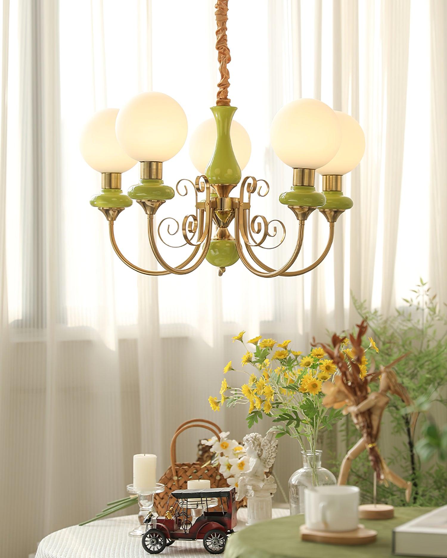 Luxurious Chandelier With Green Glass Shades In Gold Or Black Finish, 3, 5, Or 8 Lights