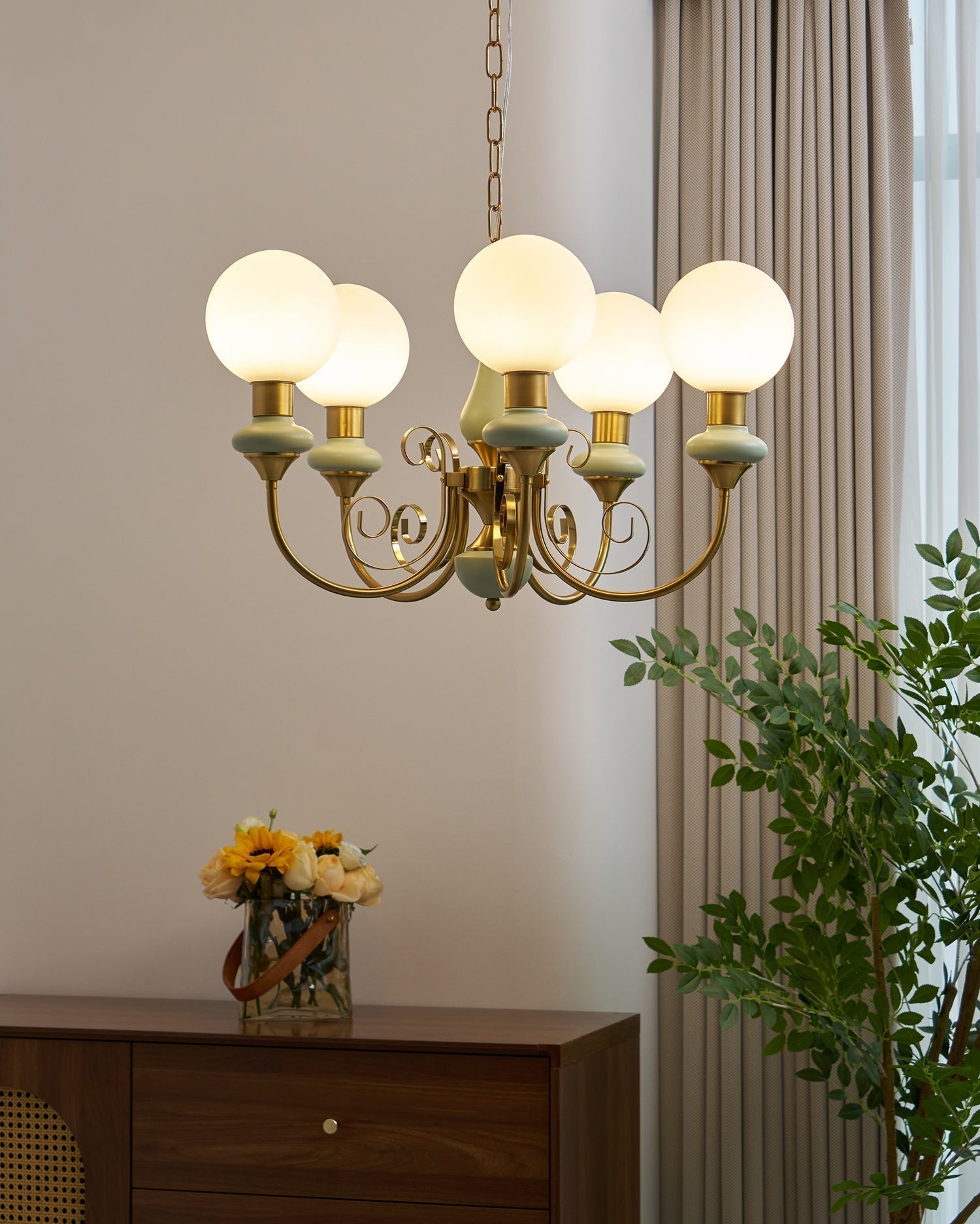 Luxurious Chandelier With Green Glass Shades In Gold Or Black Finish, 3, 5, Or 8 Lights