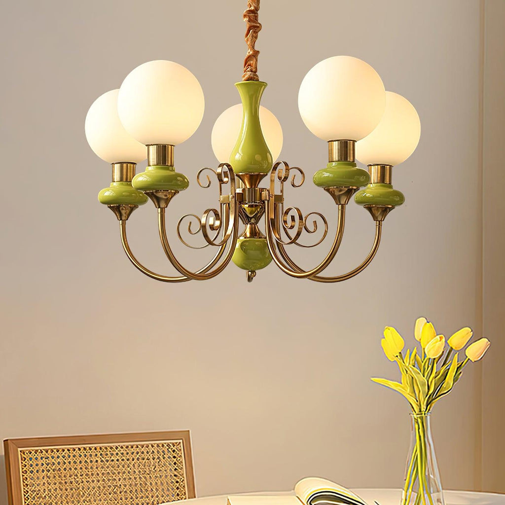 Luxurious Chandelier With Green Glass Shades In Gold Or Black Finish, 3, 5, Or 8 Lights