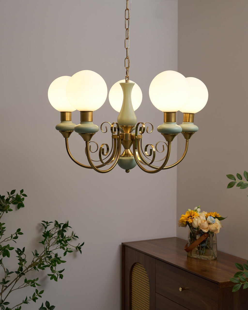 Luxurious Chandelier With Green Glass Shades In Gold Or Black Finish, 3, 5, Or 8 Lights