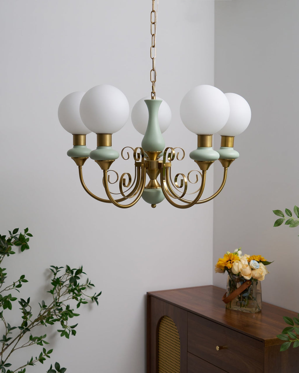 Luxurious Chandelier With Green Glass Shades In Gold Or Black Finish, 3, 5, Or 8 Lights