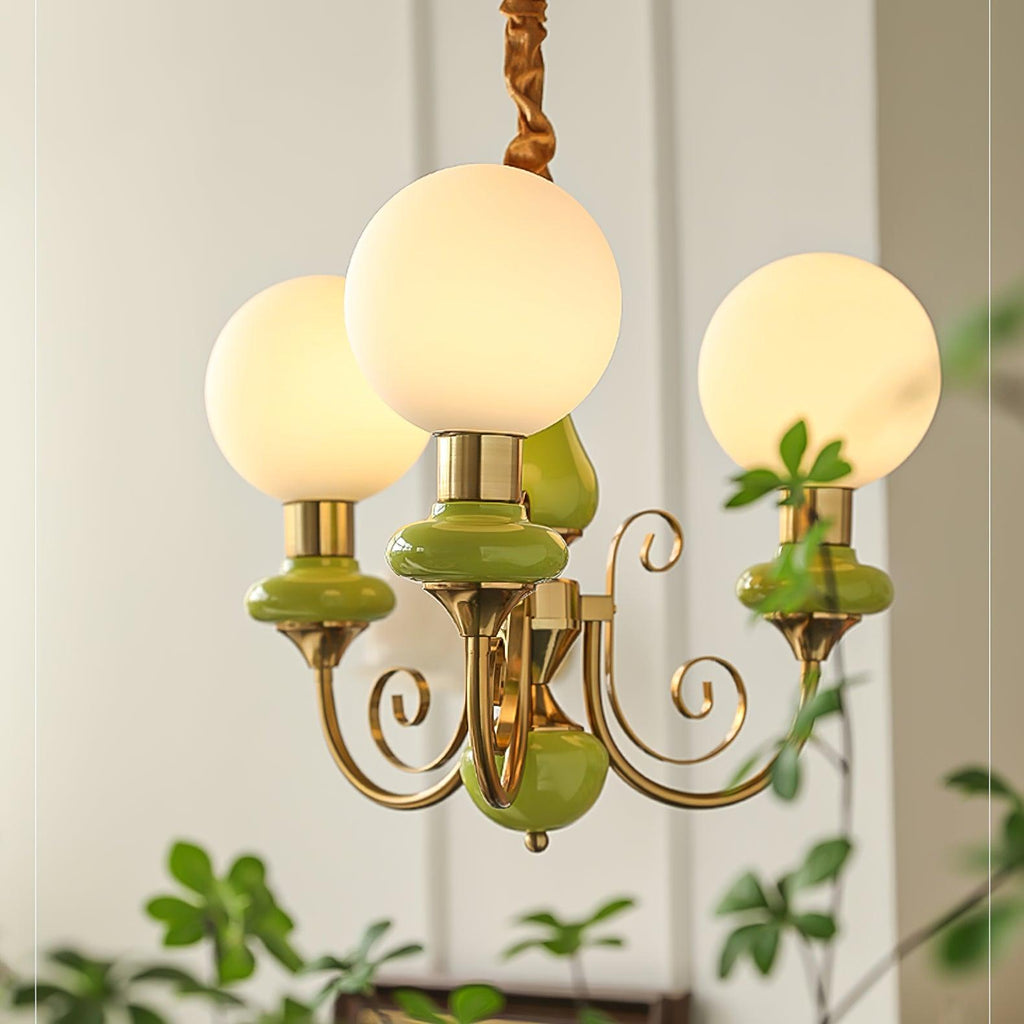 Luxurious Chandelier With Green Glass Shades In Gold Or Black Finish, 3, 5, Or 8 Lights