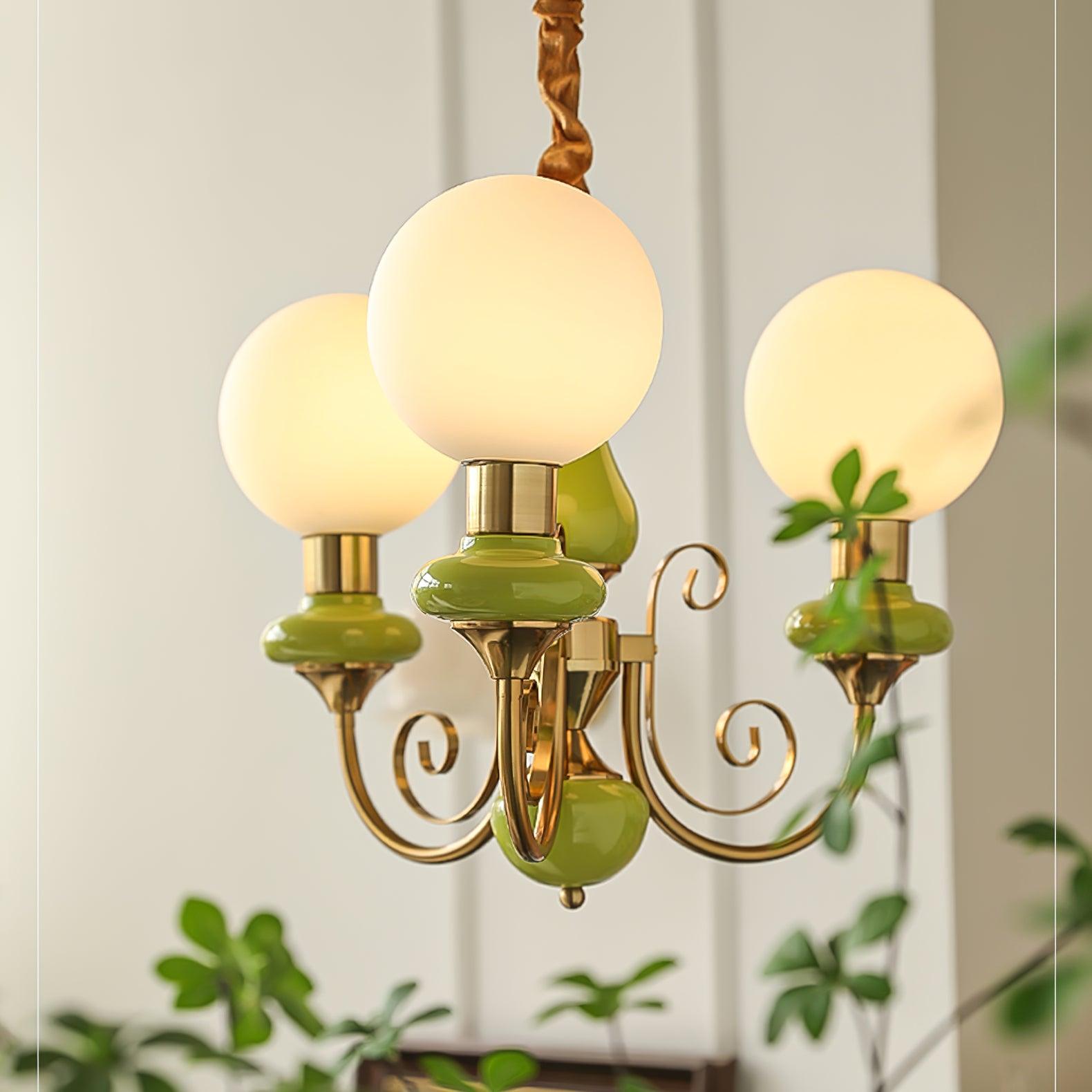 Luxurious Chandelier With Green Glass Shades In Gold Or Black Finish, 3, 5, Or 8 Lights