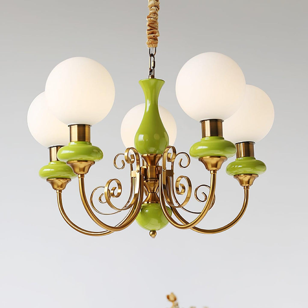 Luxurious Chandelier With Green Glass Shades In Gold Or Black Finish, 3, 5, Or 8 Lights