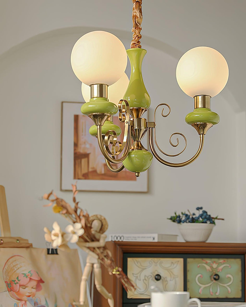 Luxurious Chandelier With Green Glass Shades In Gold Or Black Finish, 3, 5, Or 8 Lights