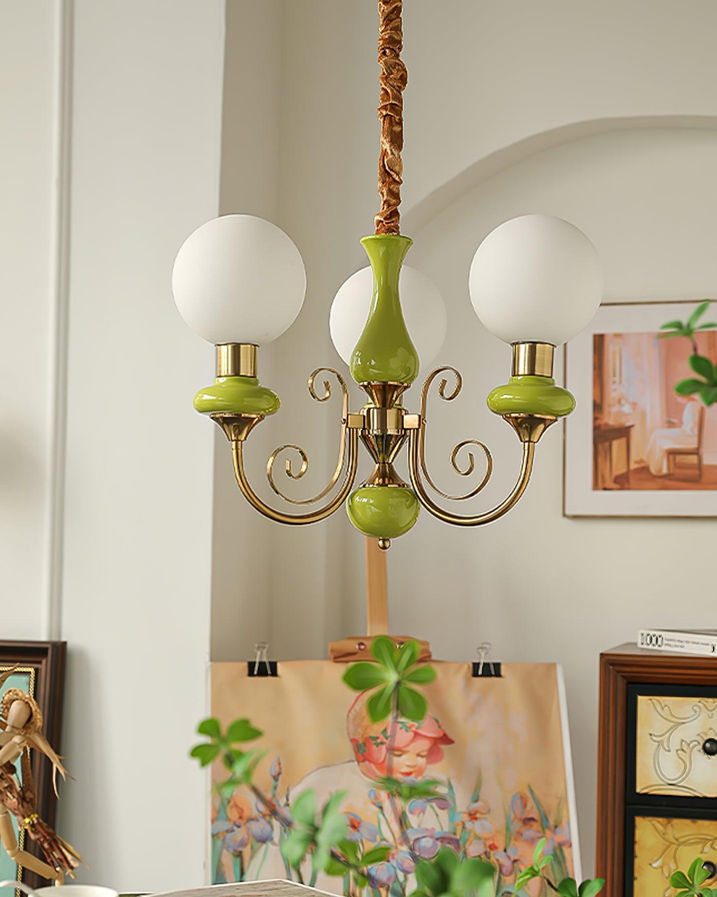 Luxurious Chandelier With Green Glass Shades In Gold Or Black Finish, 3, 5, Or 8 Lights