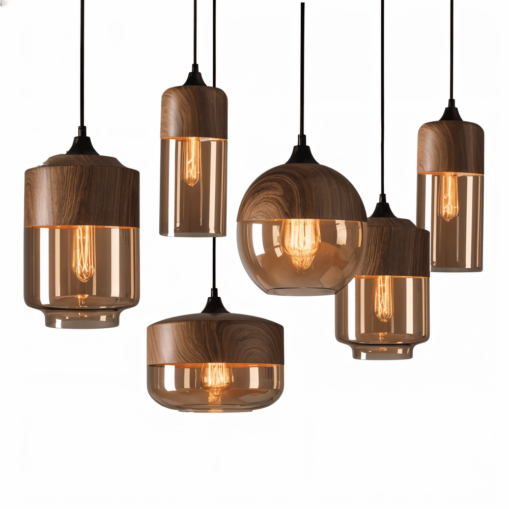 Lampada a sospensione in vetro ambra con struttura in metallo scandinava, attacco E27 regolabile