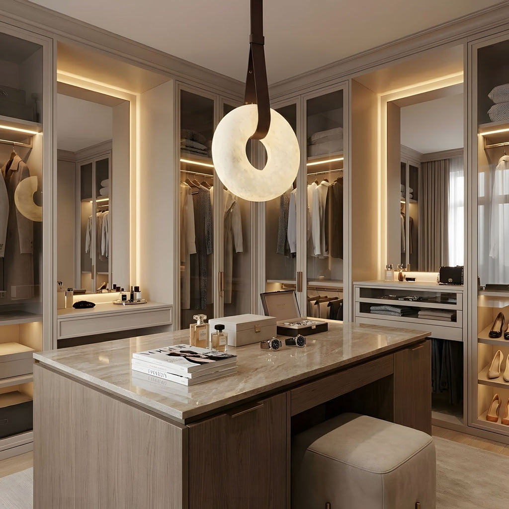 Alabaster-Ring-Hängeleuchte mit LED, Naturstein in Braun bis Gold, 3000K–6000K