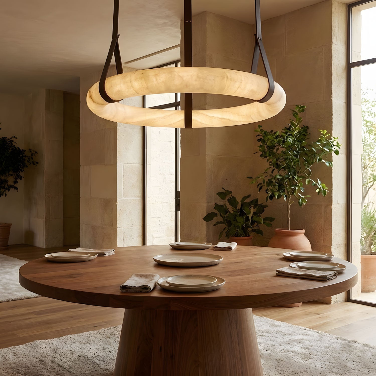 Alabaster-Ring-Hängeleuchte mit LED, Naturstein in Braun bis Gold, 3000K–6000K