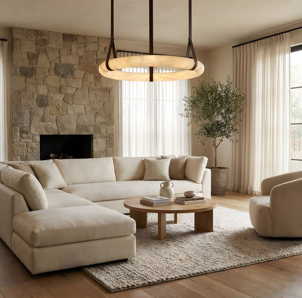 Alabaster-Ring-Hängeleuchte mit LED, Naturstein in Braun bis Gold, 3000K–6000K