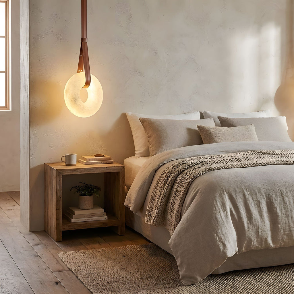 Alabaster-Ring-Hängeleuchte mit LED, Naturstein in Braun bis Gold, 3000K–6000K