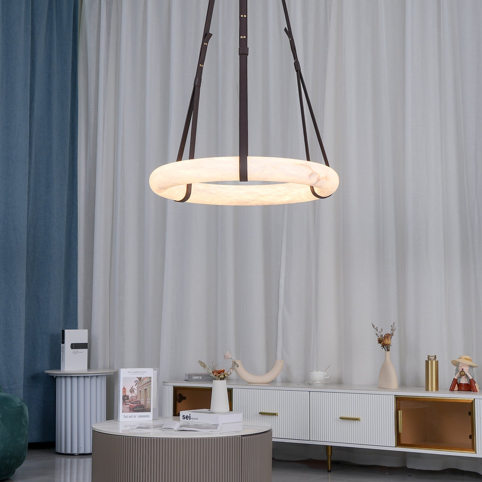 Alabaster-Ring-Hängeleuchte mit LED, Naturstein in Braun bis Gold, 3000K–6000K
