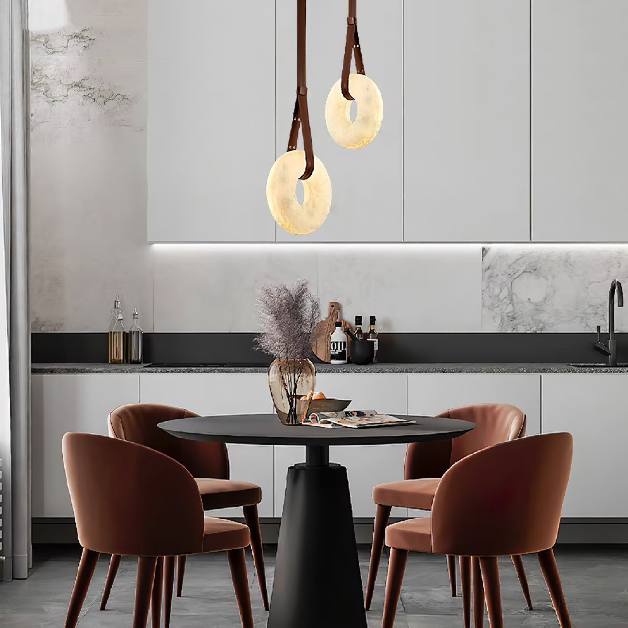 Alabaster-Ring-Hängeleuchte mit LED, Naturstein in Braun bis Gold, 3000K–6000K