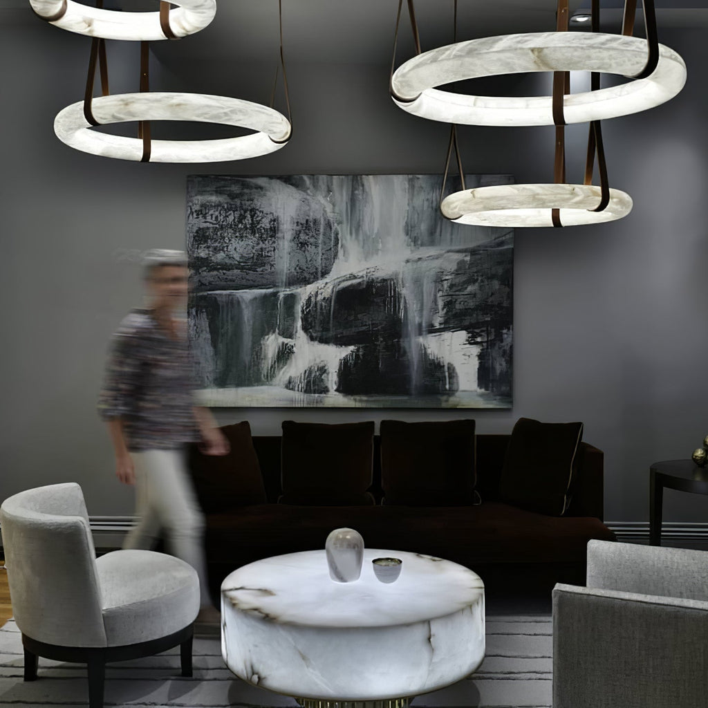 Alabaster-Ring-Hängeleuchte mit LED, Naturstein in Braun bis Gold, 3000K–6000K