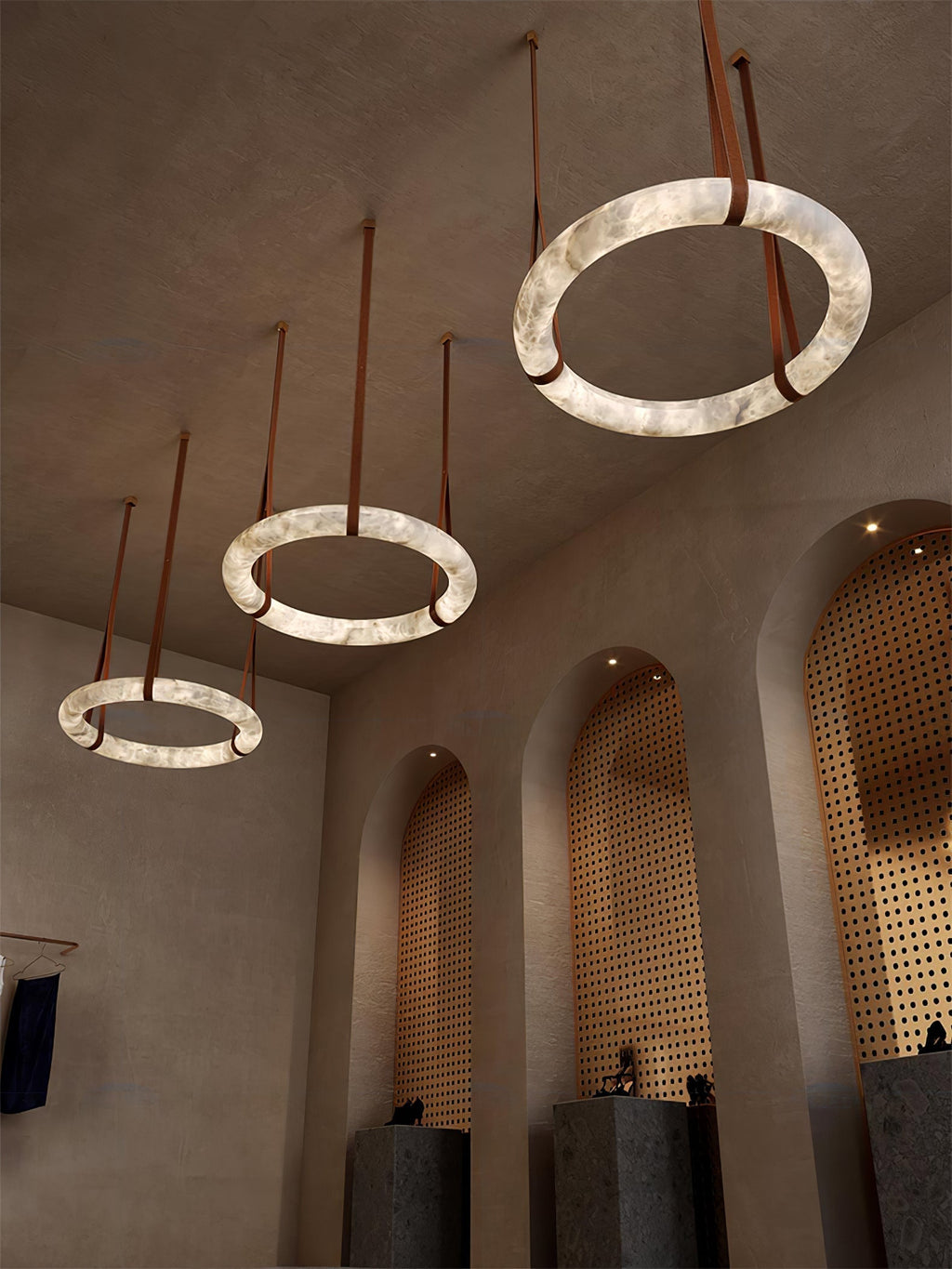 Alabaster-Ring-Hängeleuchte mit LED, Naturstein in Braun bis Gold, 3000K–6000K