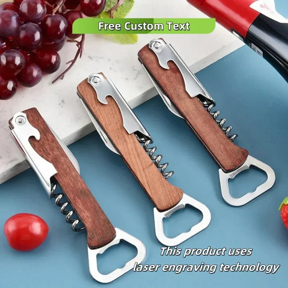 TimberCraft Personalized 3-In-1 Bottle Opener Wood And Stainless For Wine And Beer