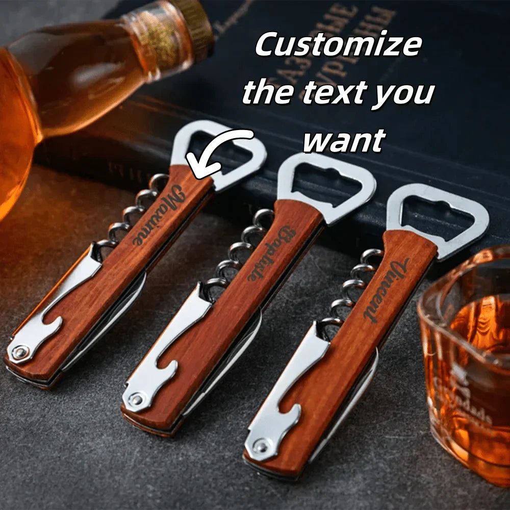 TimberCraft Personalized 3-In-1 Bottle Opener Wood And Stainless For Wine And Beer