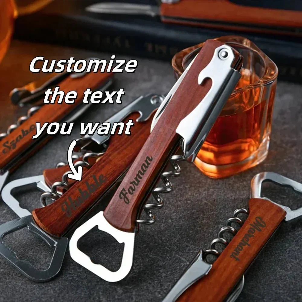 TimberCraft Personalized 3-In-1 Bottle Opener Wood And Stainless For Wine And Beer