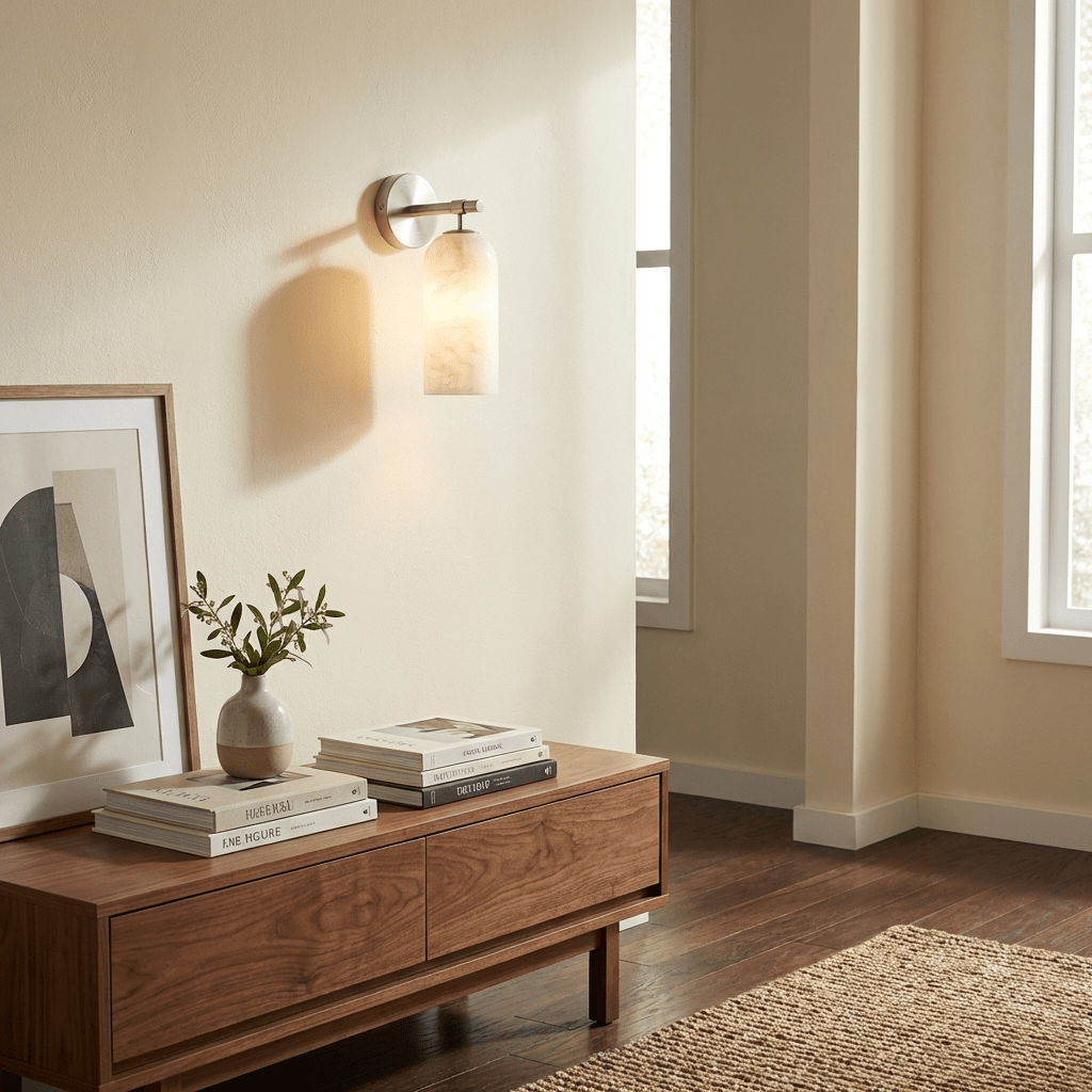 Lampada da parete cilindrica in alabastro con luce calda e cornice dorata