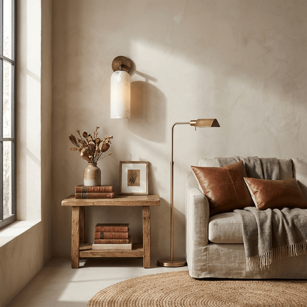 Lampada da parete cilindrica in alabastro con luce calda e cornice dorata