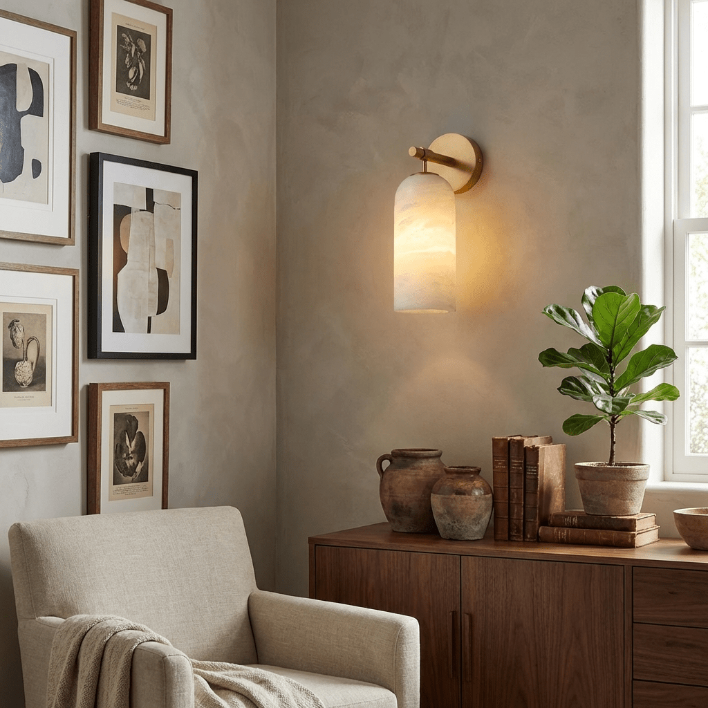Lampada da parete cilindrica in alabastro con luce calda e cornice dorata