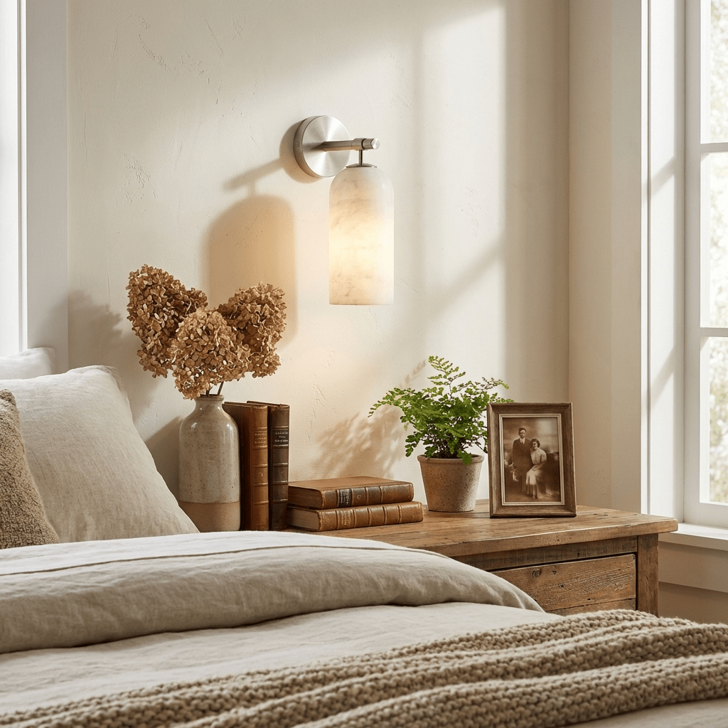 Lampada da parete cilindrica in alabastro con luce calda e cornice dorata