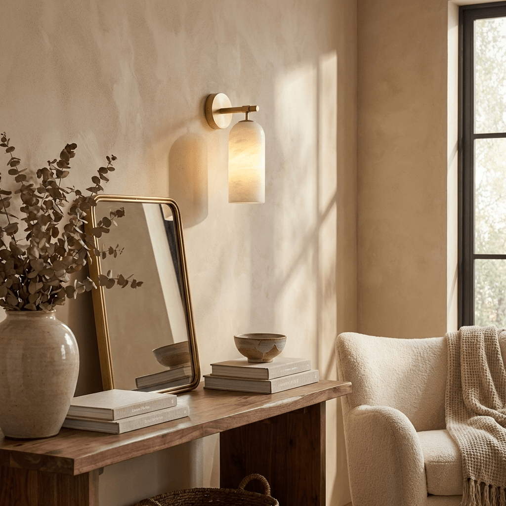 Lampada da parete cilindrica in alabastro con luce calda e cornice dorata