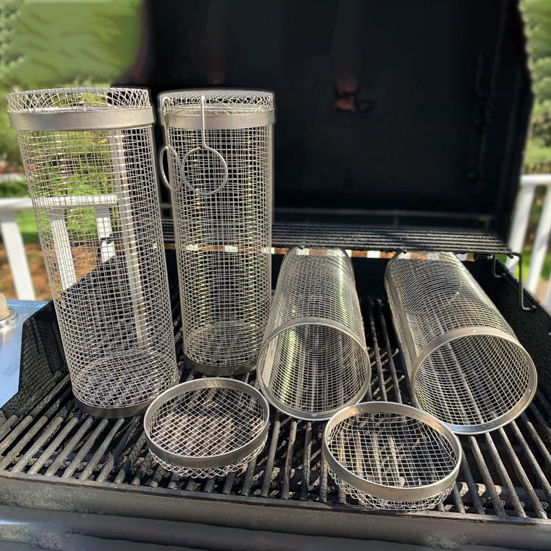 Nerezový grilovací koš s otočným mechanismem o 360° pro rovnoměrné grilování na BBQ