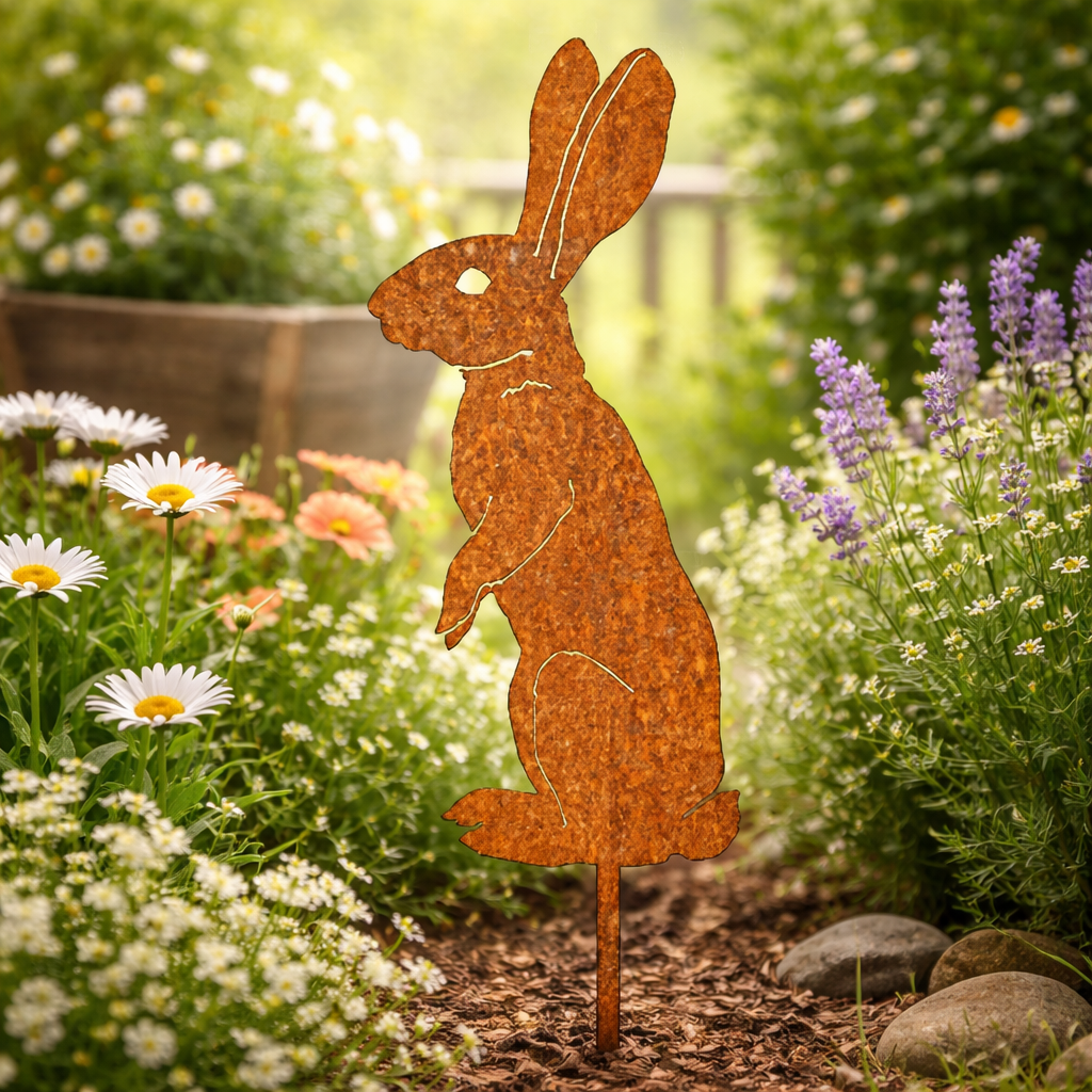 Rustic Metal Rabbit Garden Stake For Rural Garden Decor