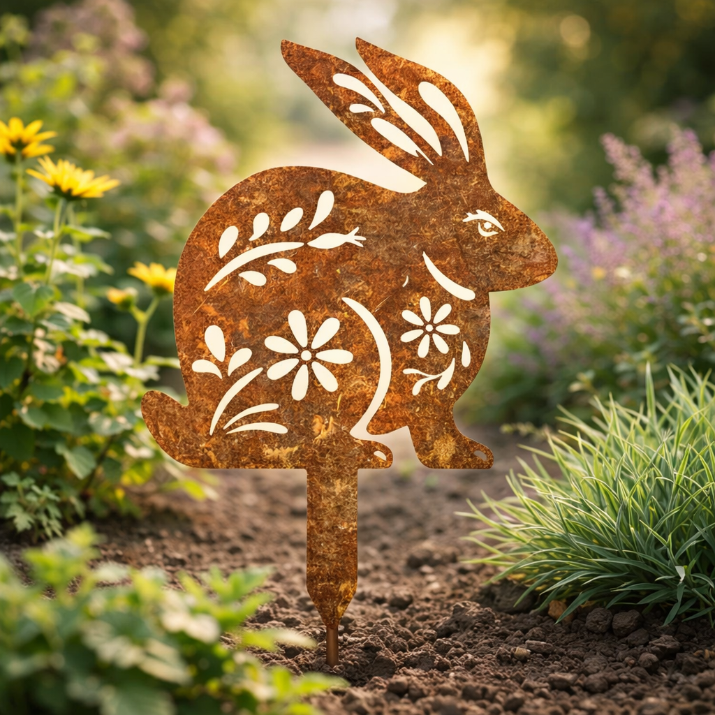 Rustic Metal Rabbit Garden Stake For Rural Garden Decor