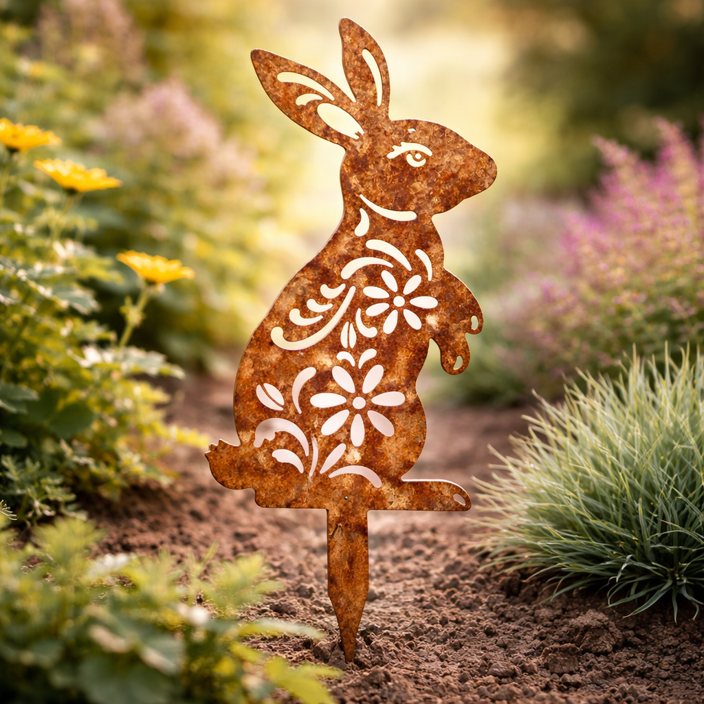 Rustic Metal Rabbit Garden Stake For Rural Garden Decor