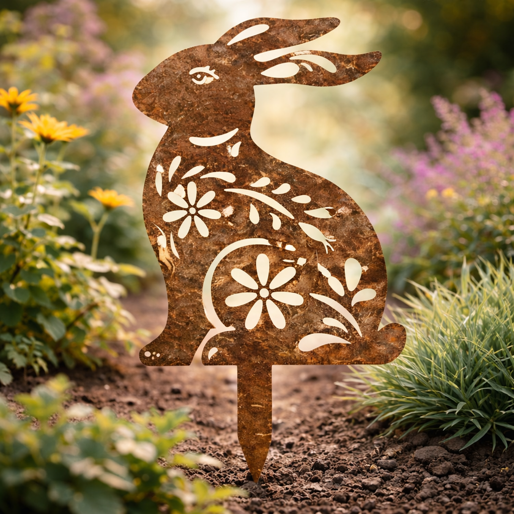 Rustic Metal Rabbit Garden Stake For Rural Garden Decor