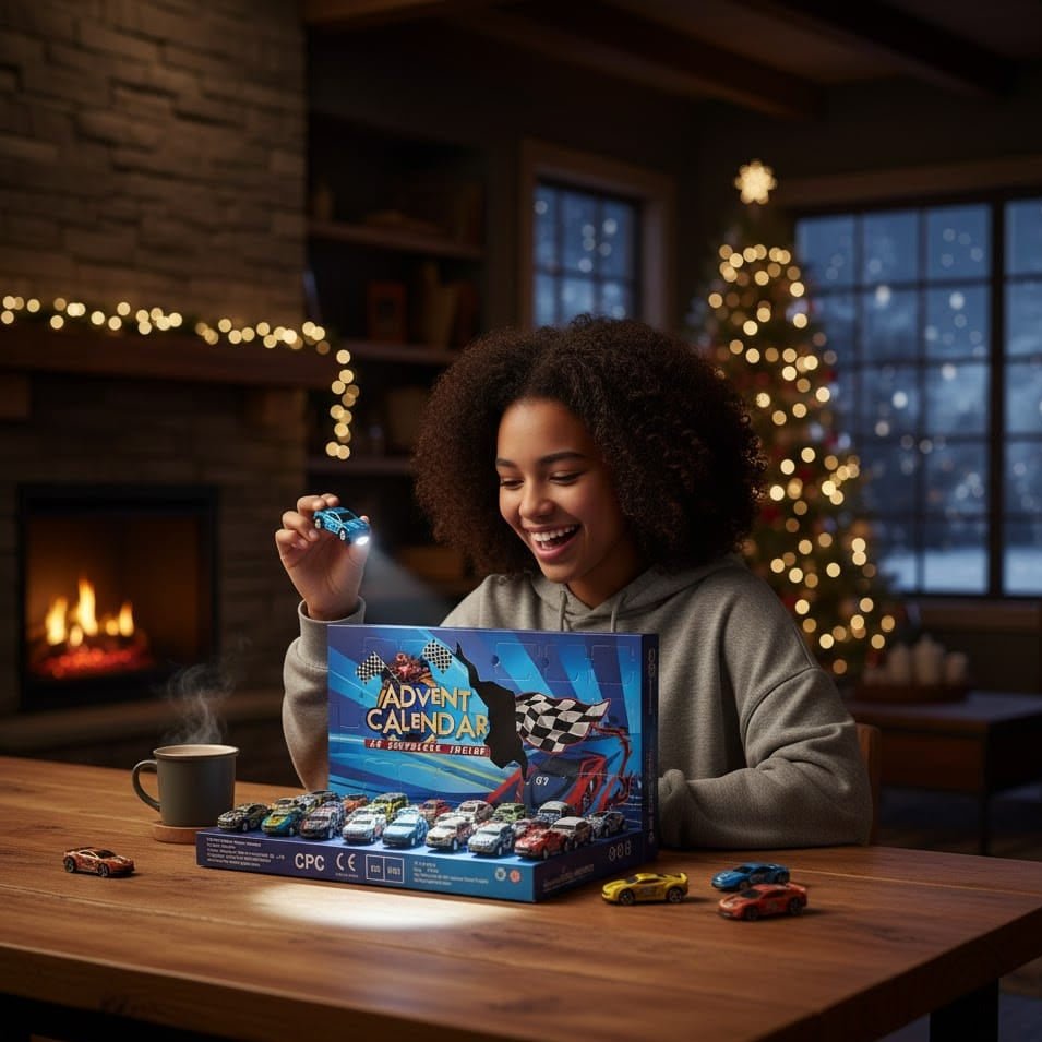 Calendario dell'Avvento TurboTrack con 24 Mini Auto da Corsa per Bambini