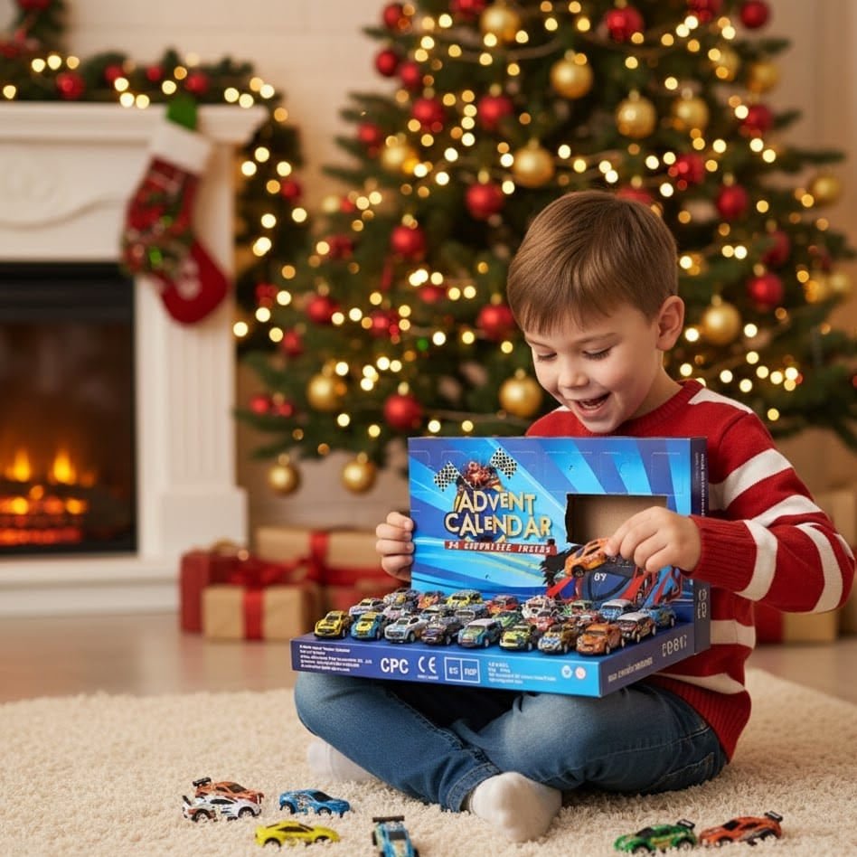 Calendario dell'Avvento TurboTrack con 24 Mini Auto da Corsa per Bambini