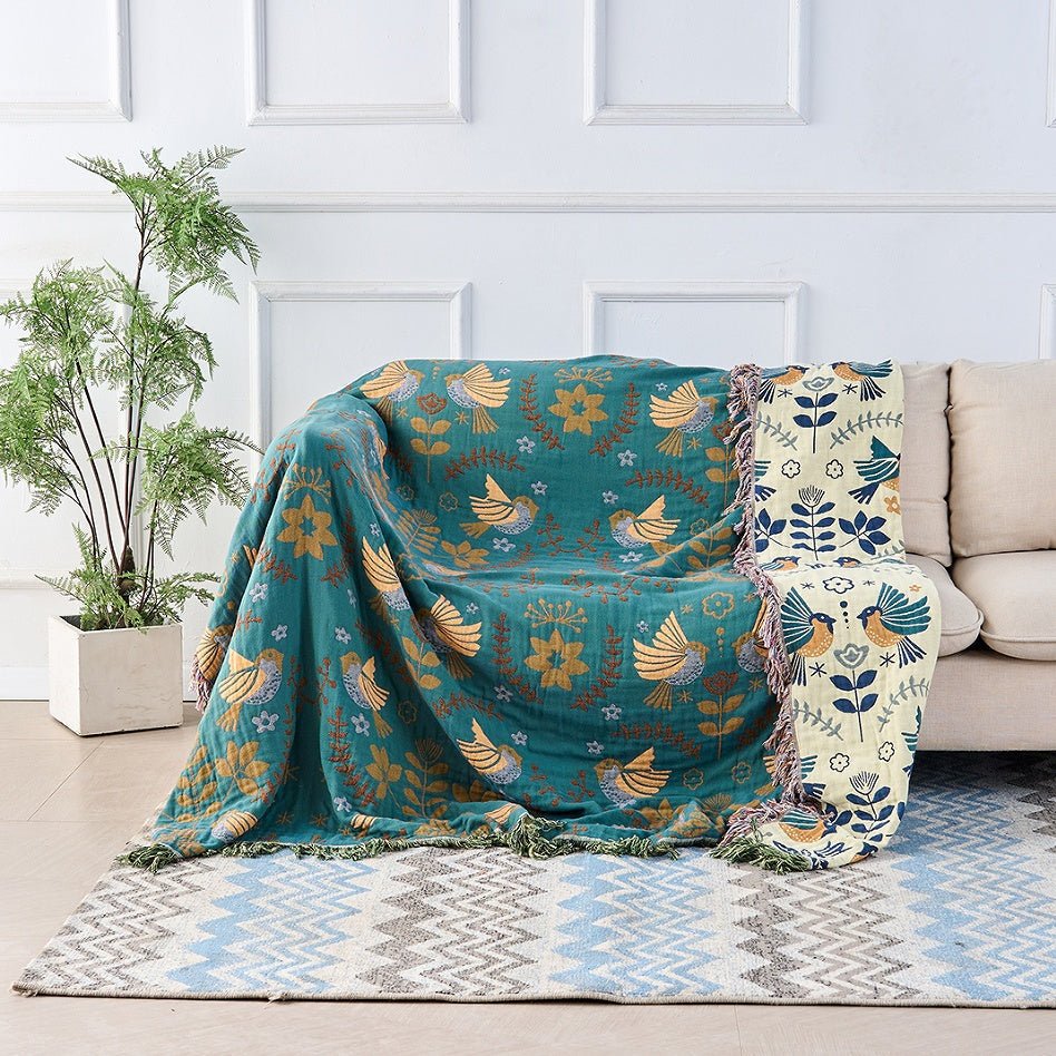 Couverture réversible en coton Nordhavn style scandinave avec motif d'oiseau