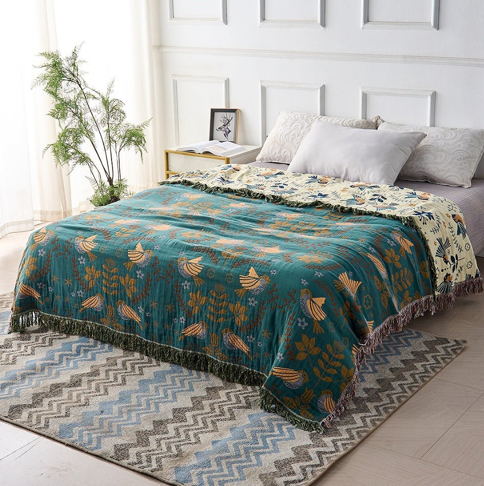Couverture réversible en coton Nordhavn style scandinave avec motif d'oiseau