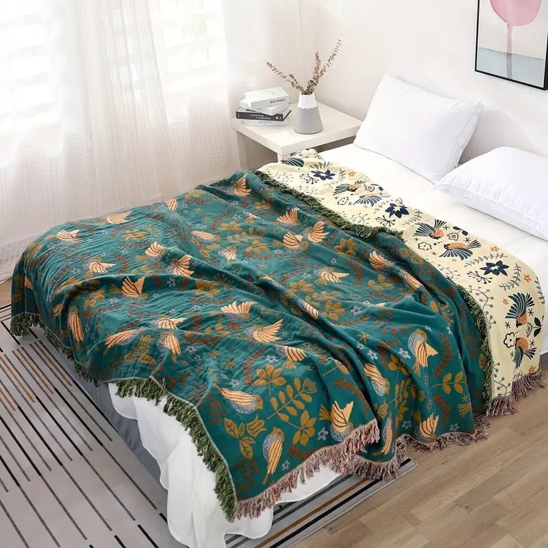 Couverture réversible en coton Nordhavn style scandinave avec motif d'oiseau