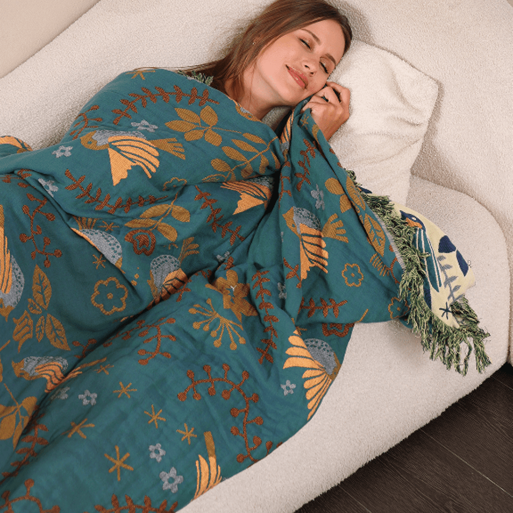 Couverture réversible en coton Nordhavn style scandinave avec motif d'oiseau