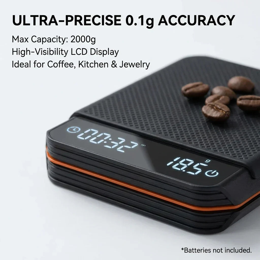 Cyfrowa waga do kawy 2000g z timerem, ładowana przez USB-C, precyzja 0,1g, wyświetlacz LED