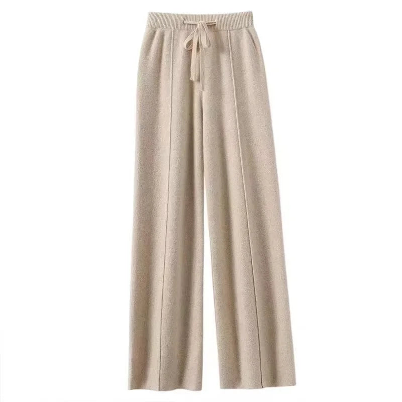 Women's Wool Cashmere Blend Wide-Leg Trousers With Elastic Waist